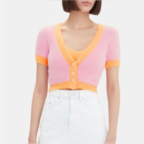 Cropped. Short Sleeve. Pink & Orange. Button Down. - Picture 3 of 3